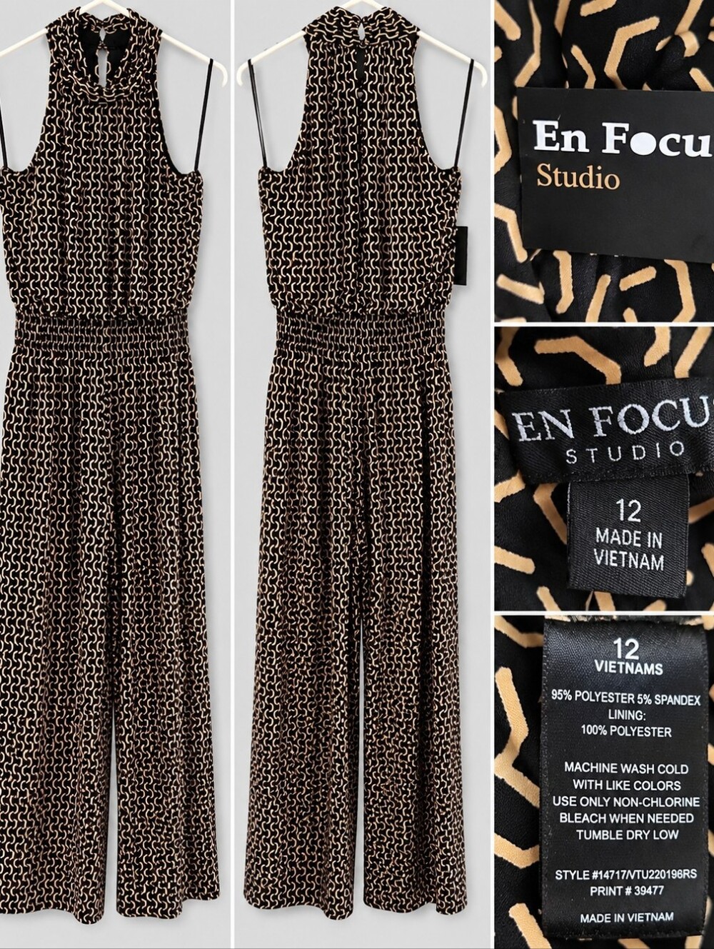 Enfocus Studio Black and Tan Geometric Sleeveless Jumpsuit